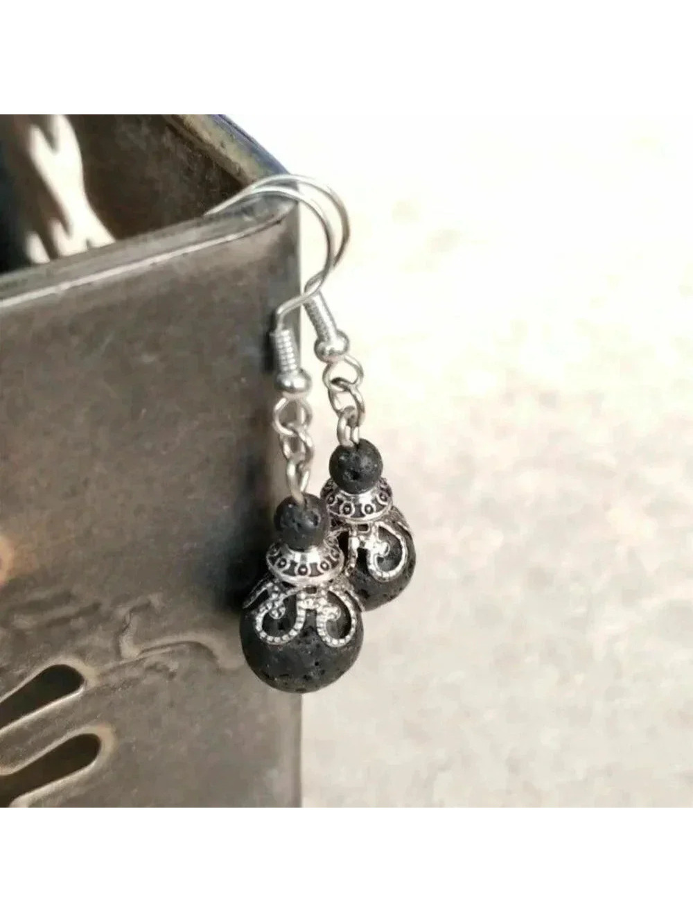 Artisan Volcanic Lava Victorian Lace Art Nouveau Gemstone Bead Drop Earrings